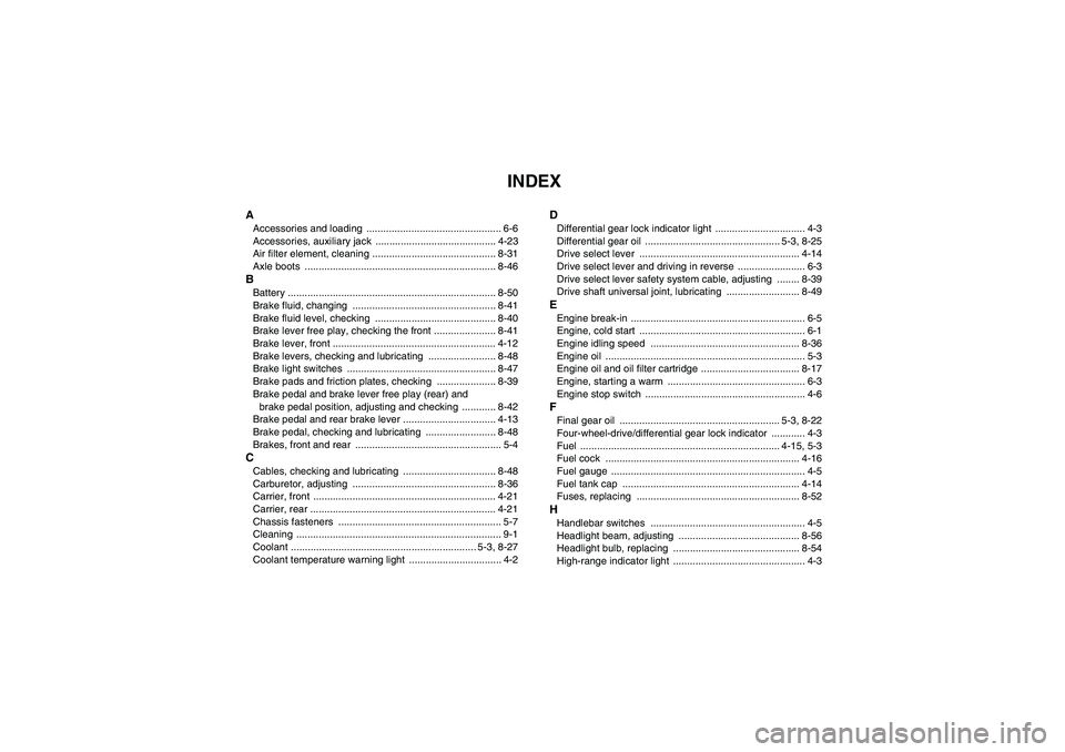 YAMAHA GRIZZLY 450 2009  Owners Manual INDEX
AAccessories and loading  ................................................ 6-6
Accessories, auxiliary jack  ........................................... 4-23
Air filter element, cleaning ........