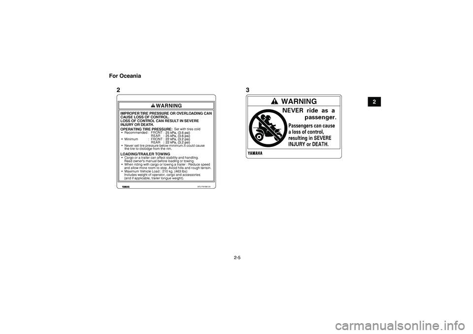 YAMAHA GRIZZLY 450 2009 User Guide 2-5
2 For Oceania
5FU-F816M-20
25 kPa, (3.6 psi)
25 kPa, (3.6 psi)
22 kPa, (3.2 psi)
22 kPa, (3.2 psi)
23
U37S60E0.book  Page 5  Thursday, June 5, 2008  6:51 PM 