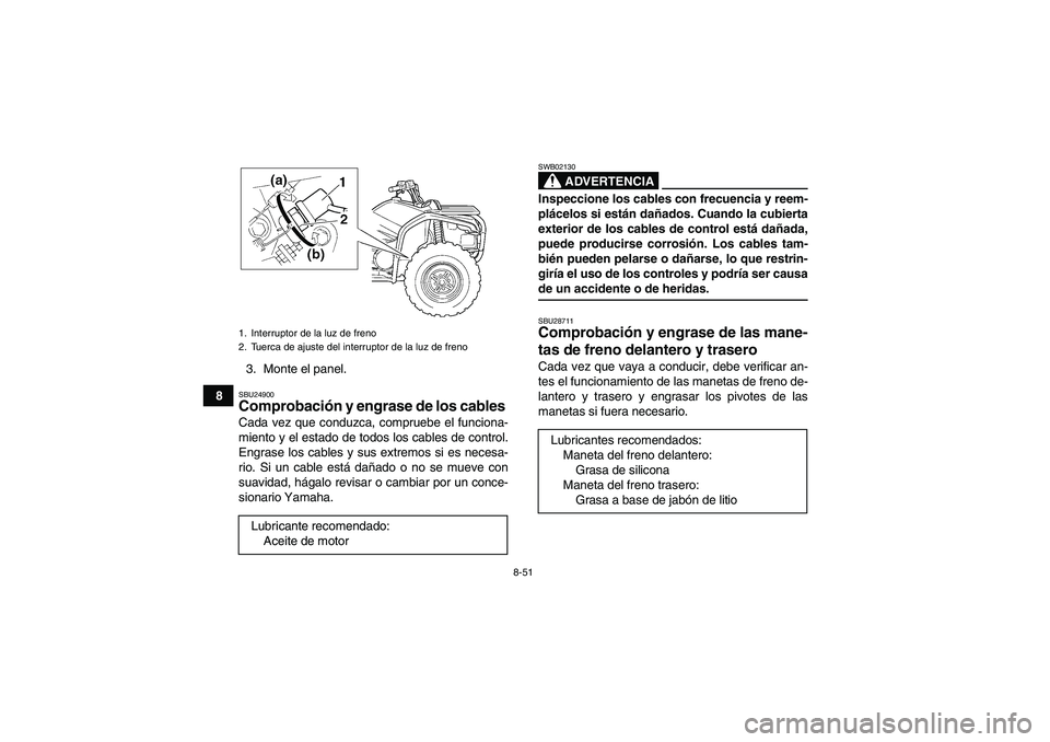 YAMAHA GRIZZLY 450 2009  Manuale de Empleo (in Spanish) 8-51
83. Monte el panel.
SBU24900Comprobación y engrase de los cables Cada vez que conduzca, compruebe el funciona-
miento y el estado de todos los cables de control.
Engrase los cables y sus extremo