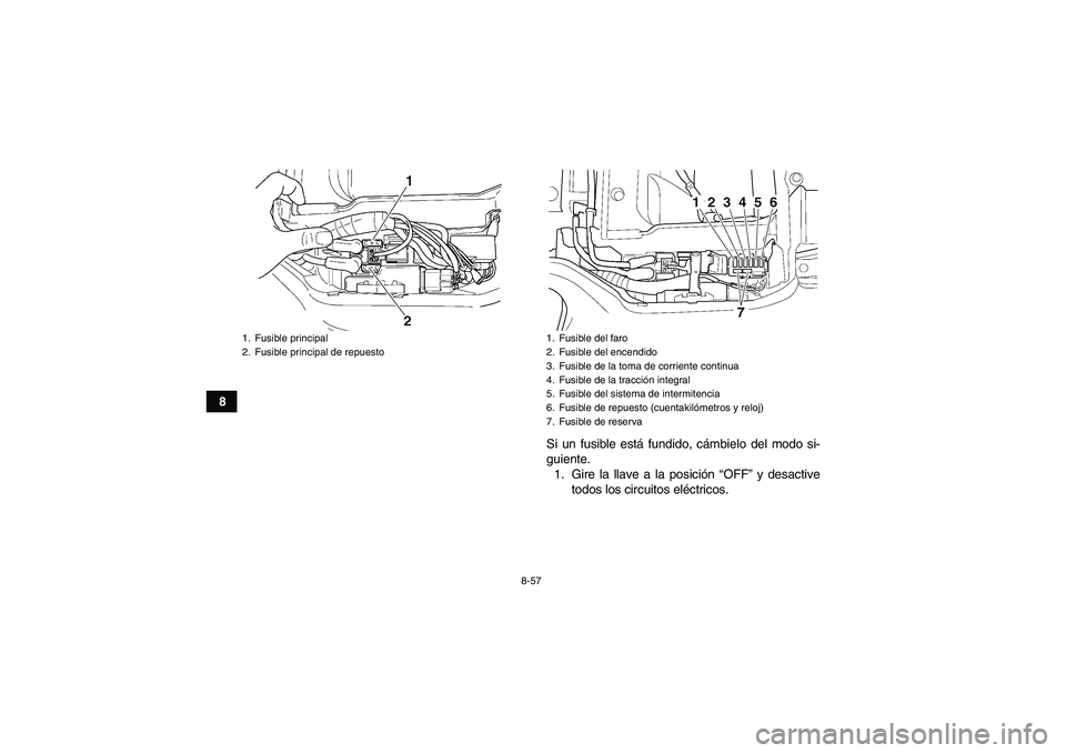 YAMAHA GRIZZLY 450 2009 Manuale de Empleo (in Spanish) 8-57
8
Si un fusible está fundido, cámbielo del modo si-
guiente.
1. Gire la llave a la posición “OFF” y desactive
todos los circuitos eléctricos.
1. Fusible principal
2. Fusible principal de YAMAHA GRIZZLY 450 2009 Manuale de Empleo (in Spanish) 8-57
8
Si un fusible está fundido, cámbielo del modo si-
guiente.
1. Gire la llave a la posición “OFF” y desactive
todos los circuitos eléctricos.
1. Fusible principal
2. Fusible principal de