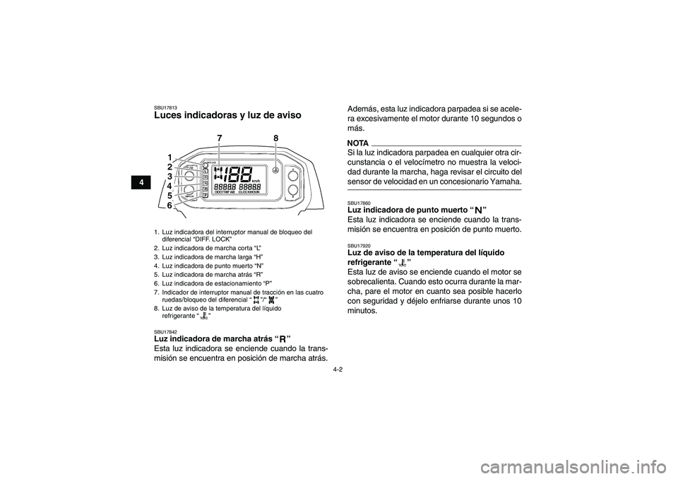 YAMAHA GRIZZLY 450 2009  Manuale de Empleo (in Spanish) 4-2
4
SBU17813Luces indicadoras y luz de aviso SBU17842Luz indicadora de marcha atrás“” 
Esta luz indicadora se enciende cuando la trans-
misión se encuentra en posición de marcha atrás.Ademá
