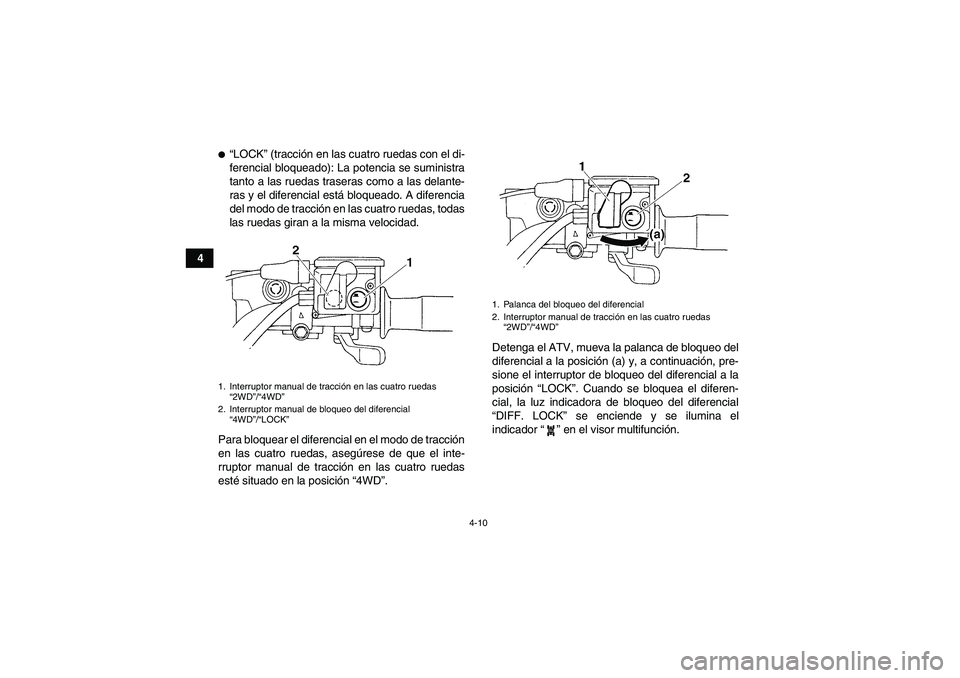 YAMAHA GRIZZLY 450 2009  Manuale de Empleo (in Spanish) 4-10
4
“LOCK” (tracción en las cuatro ruedas con el di-
ferencial bloqueado): La potencia se suministra
tanto a las ruedas traseras como a las delante-
ras y el diferencial está bloqueado. A di