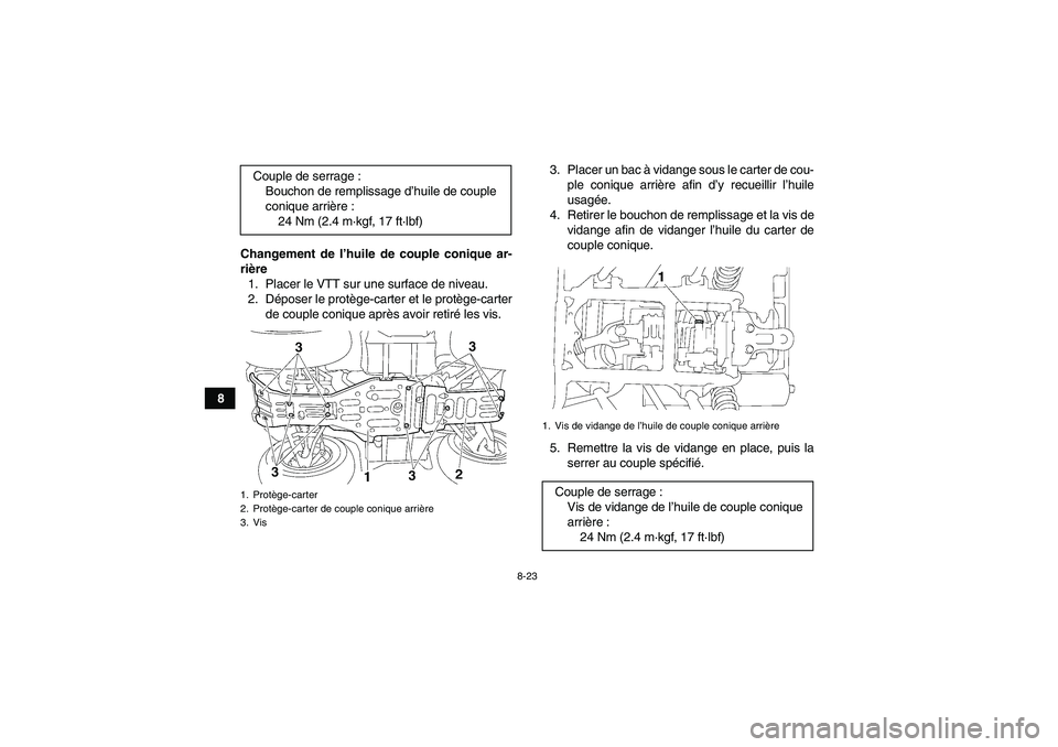 YAMAHA GRIZZLY 450 2009  Notices Demploi (in French) 8-23
8Changement de l’huile de couple conique ar-
rière
1. Placer le VTT sur une surface de niveau.
2. Déposer le protège-carter et le protège-carter
de couple conique après avoir retiré les v