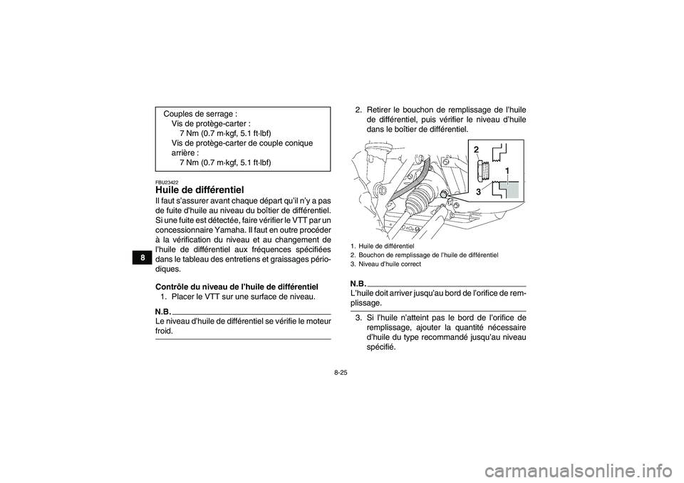 YAMAHA GRIZZLY 450 2009  Notices Demploi (in French) 8-25
8
FBU23422Huile de différentiel Il faut s’assurer avant chaque départ qu’il n’y a pas
de fuite d’huile au niveau du boîtier de différentiel.
Si une fuite est détectée, faire vérifi