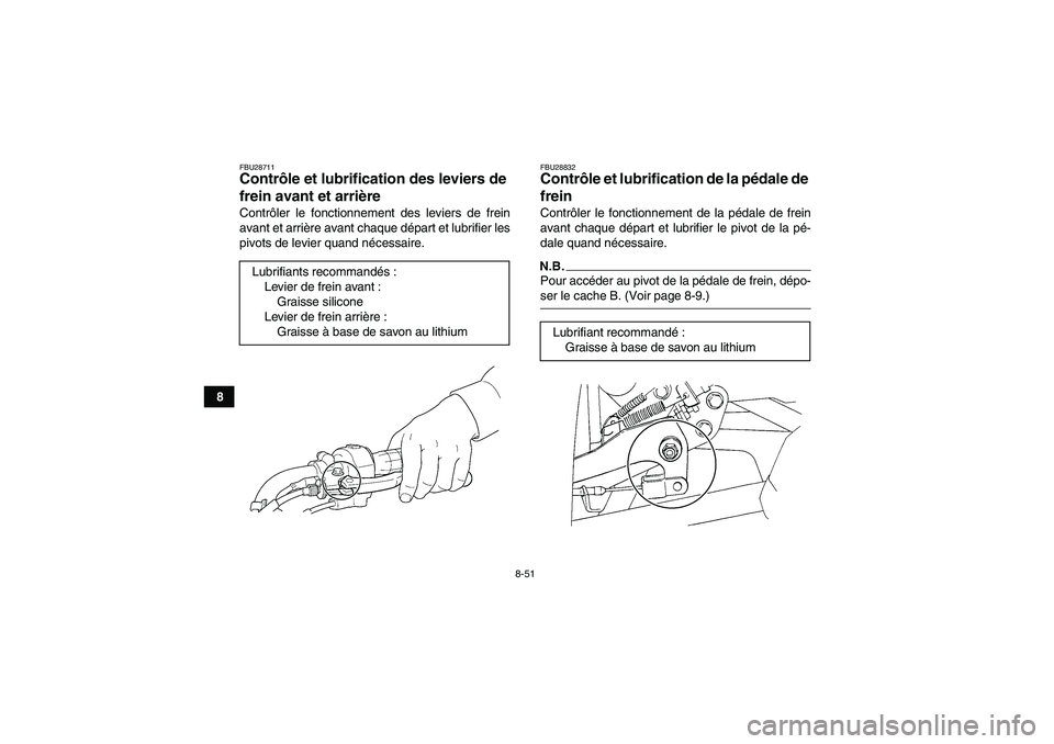 YAMAHA GRIZZLY 450 2009  Notices Demploi (in French) 8-51
8
FBU28711Contrôle et lubrification des leviers de 
frein avant et arrière Contrôler le fonctionnement des leviers de frein
avant et arrière avant chaque départ et lubrifier les
pivots de le