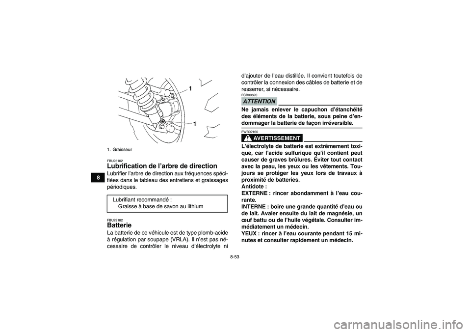 YAMAHA GRIZZLY 450 2009  Notices Demploi (in French) 8-53
8
FBU25102Lubrification de l’arbre de direction Lubrifier l’arbre de direction aux fréquences spéci-
fiées dans le tableau des entretiens et graissages
périodiques.FBU29182Batterie La bat