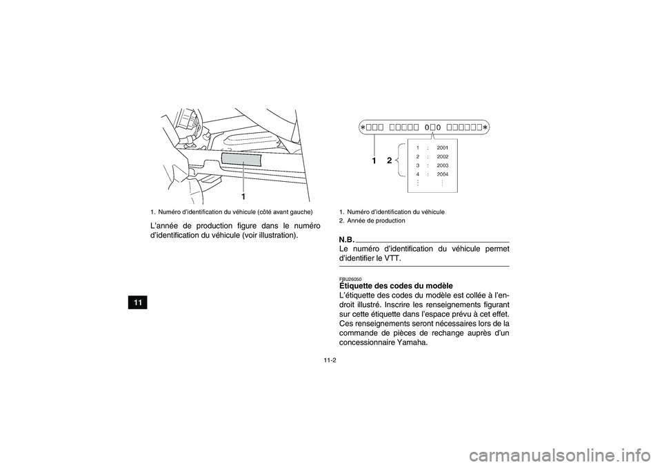YAMAHA GRIZZLY 450 2009  Notices Demploi (in French) 11-2
11L’année de production figure dans le numéro
d’identification du véhicule (voir illustration).
N.B.Le numéro d’identification du véhicule permetd’identifier le VTT.FBU26050Étiquett