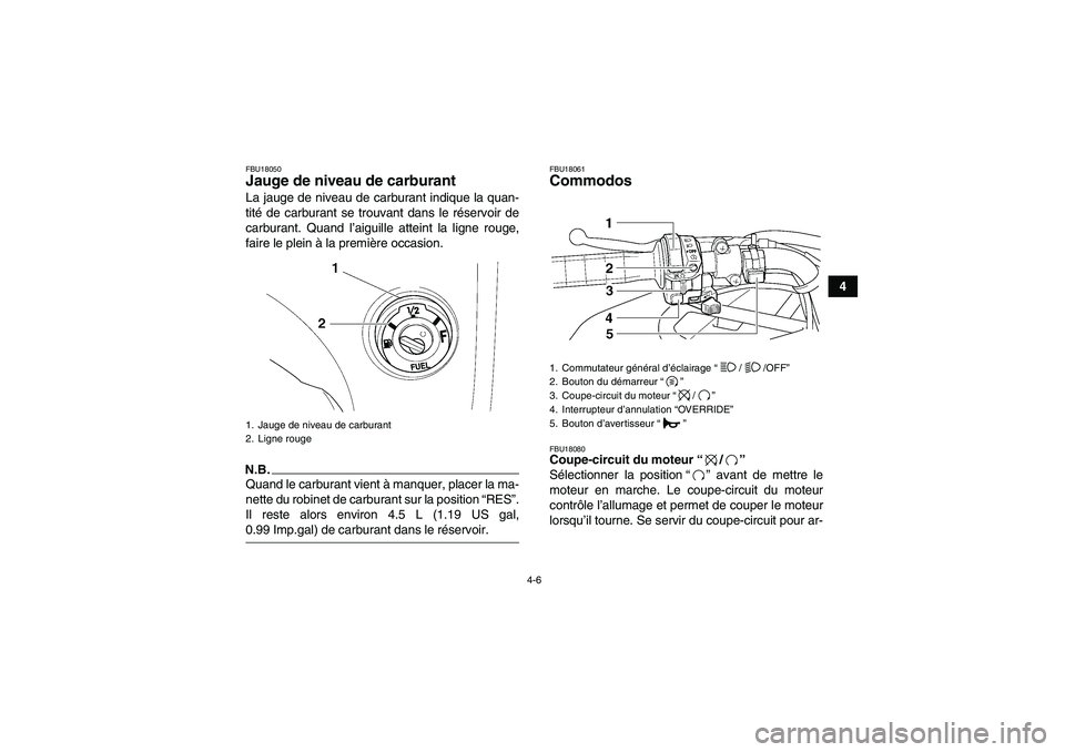 YAMAHA GRIZZLY 450 2009  Notices Demploi (in French) 4-6
4
FBU18050Jauge de niveau de carburant La jauge de niveau de carburant indique la quan-
tité de carburant se trouvant dans le réservoir de
carburant. Quand l’aiguille atteint la ligne rouge,
f