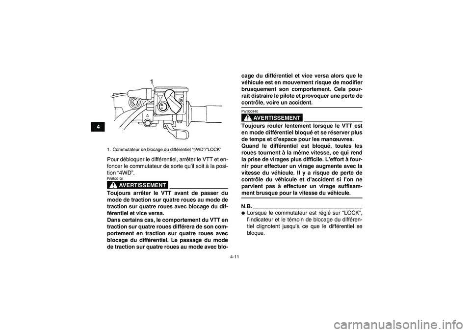 YAMAHA GRIZZLY 450 2009  Notices Demploi (in French) 4-11
4
Pour débloquer le différentiel, arrêter le VTT et en-
foncer le commutateur de sorte qu’il soit à la posi-
tion “4WD”.
AVERTISSEMENT
FWB00131Toujours arrêter le VTT avant de passer d