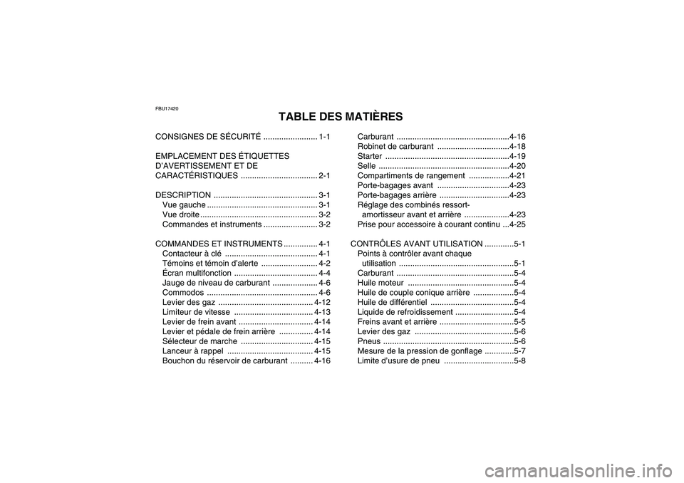 YAMAHA GRIZZLY 450 2009  Notices Demploi (in French) FBU17420
TABLE DES MATIÈRES
CONSIGNES DE SÉCURITÉ ........................ 1-1
EMPLACEMENT DES ÉTIQUETTES 
D’AVERTISSEMENT ET DE 
CARACTÉRISTIQUES .................................. 2-1
DESCRIP