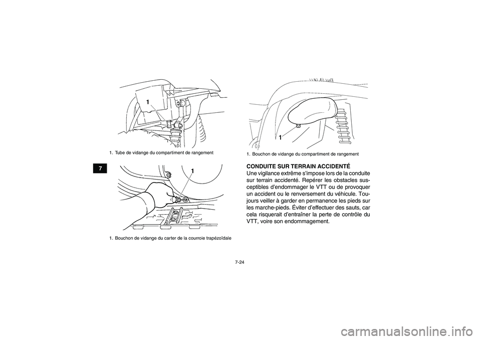 YAMAHA GRIZZLY 450 2009  Notices Demploi (in French) 7-24
7CONDUITE SUR TERRAIN ACCIDENTÉ
Une vigilance extrême s’impose lors de la conduite
sur terrain accidenté. Repérer les obstacles sus-
ceptibles d’endommager le VTT ou de provoquer
un accid