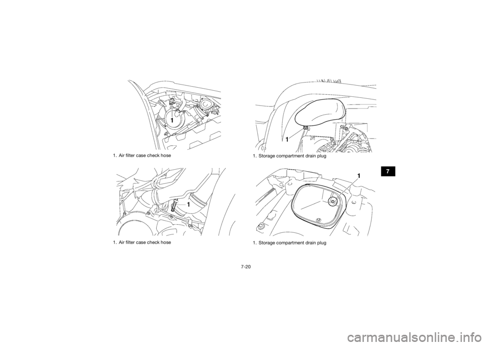 YAMAHA GRIZZLY 550 2015 Manual Online 7-20
7
1. Air filter case check hose
1. Air filter case check hose
1. Storage compartment drain plug
1. Storage compartment drain plug
U2LB61E0.book  Page 20  Friday, February 21, 2014  3:03 PM 