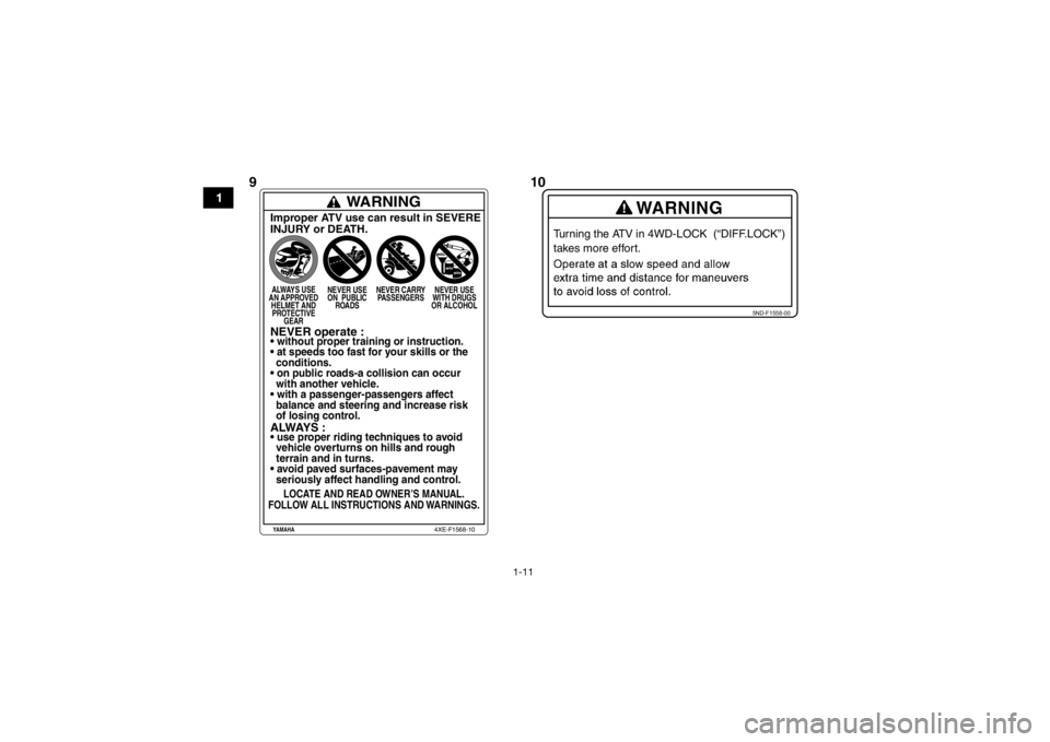 YAMAHA GRIZZLY 550 2015  Notices Demploi (in French) 1-11
1
5ND-F1558-00
Turning the ATV in 4WD-LOCK  (“DIFF.LOCK”) 
takes more effort.
WARNING
Improper ATV use can result in SEVERE
INJURY or DEATH.ALWAYS USE
AN APPROVED HELMET ANDPROTECTIVE GEAR NE