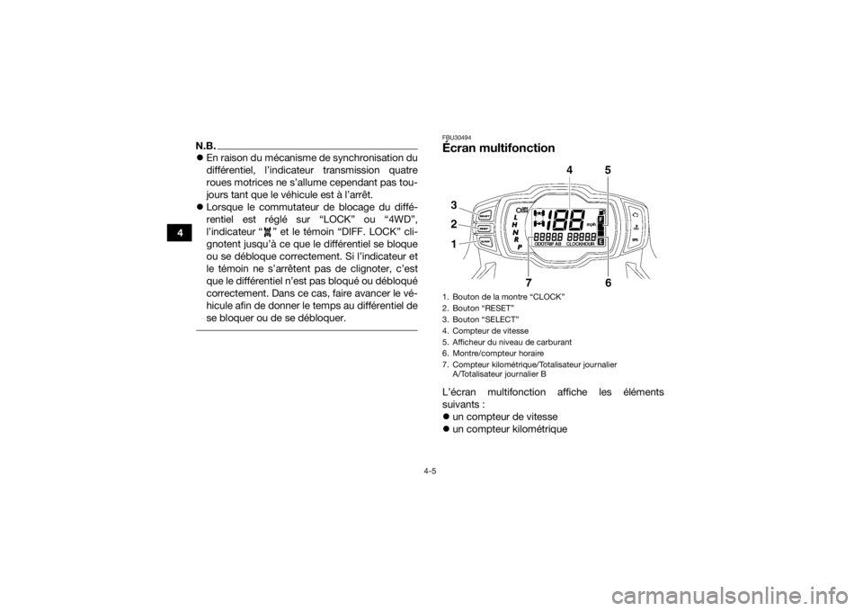 YAMAHA GRIZZLY 550 2015 Notices Demploi (in French) 4-5
4
N.B.En raison du mécanisme de synchronisation du
différentiel, l’indicateur transmission quatre
roues motrices ne s’allume cependant pas tou-
jours tant que le véhicule est à l’arr YAMAHA GRIZZLY 550 2015 Notices Demploi (in French) 4-5
4
N.B.En raison du mécanisme de synchronisation du
différentiel, l’indicateur transmission quatre
roues motrices ne s’allume cependant pas tou-
jours tant que le véhicule est à l’arr