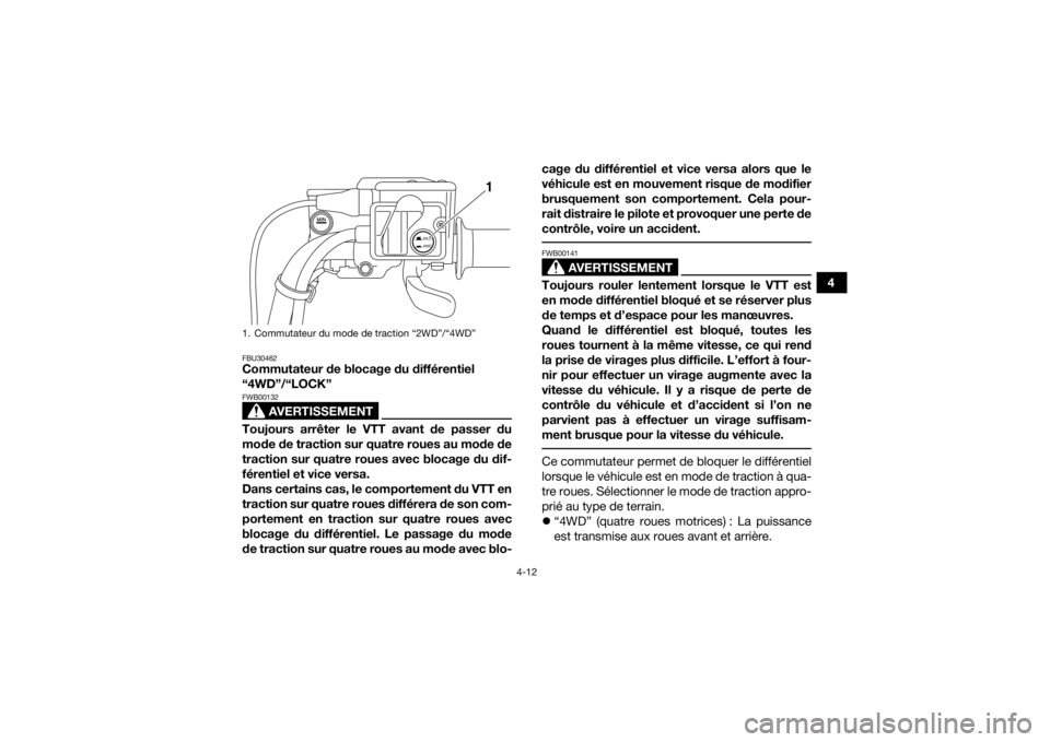 YAMAHA GRIZZLY 550 2015 Notices Demploi (in French) 4-12
4
FBU30462Commutateur de blocage du différentiel
“4WD”/“LOCK”
AVERTISSEMENT
FWB00132Toujours arrêter le VTT avant de passer du
mode de traction sur quatre roues au mode de
traction sur YAMAHA GRIZZLY 550 2015 Notices Demploi (in French) 4-12
4
FBU30462Commutateur de blocage du différentiel
“4WD”/“LOCK”
AVERTISSEMENT
FWB00132Toujours arrêter le VTT avant de passer du
mode de traction sur quatre roues au mode de
traction sur