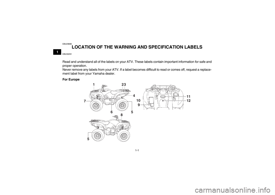 YAMAHA GRIZZLY 550 2014 User Guide 1-1
1
EBU29680
LOCATION OF THE WARNING AND SPECIFICATION LABELS 
EBU30291Read and understand all of the labels on your ATV. These labels contain important information for safe and
proper operation.
Ne