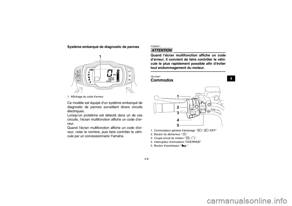 YAMAHA GRIZZLY 550 2014 Notices Demploi (in French) 4-8
4
Système embarqué de diagnostic de pannes
Ce modèle est équipé d’un système embarqué de
diagnostic de pannes surveill
ant divers circuits
électriques.
Lorsqu’un problème est détect YAMAHA GRIZZLY 550 2014 Notices Demploi (in French) 4-8
4
Système embarqué de diagnostic de pannes
Ce modèle est équipé d’un système embarqué de
diagnostic de pannes surveill
ant divers circuits
électriques.
Lorsqu’un problème est détect