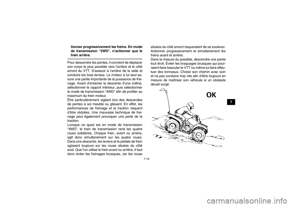 YAMAHA GRIZZLY 550 2014 Notices Demploi (in French) 7-19
7
tionner progressivement les freins. En mode
de transmission “2WD”, n’actionner que le
frein arrière.
Pour descendre les pentes, il convient de déplacer
son corps le plus possible vers l YAMAHA GRIZZLY 550 2014 Notices Demploi (in French) 7-19
7
tionner progressivement les freins. En mode
de transmission “2WD”, n’actionner que le
frein arrière.
Pour descendre les pentes, il convient de déplacer
son corps le plus possible vers l