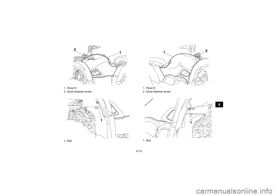 YAMAHA GRIZZLY 550 2013  Owners Manual 8-15
8
1. Panel D
2. Quick fastener screw
1. Bolt
1. Panel E
2. Quick fastener screw
1. Bolt
U1HS61E0.book  Page 15  Wednesday, May 23, 2012  5:24 PM 