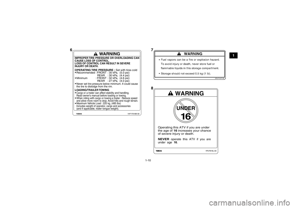YAMAHA GRIZZLY 550 2013 Owners Manual 1-10
1
37S-F151F-00
Recommended
Minimum: FRONT
REAR
: FRONT
REAR: 35 kPa, (5.0 psi)
: 30 kPa, (4.4 psi)
: 32 kPa, (4.6 psi)
: 27 kPa, (4.0 psi)Never set tire pressure below minimum. It could c YAMAHA GRIZZLY 550 2013 Owners Manual 1-10
1
37S-F151F-00
Recommended
Minimum: FRONT
REAR
: FRONT
REAR: 35 kPa, (5.0 psi)
: 30 kPa, (4.4 psi)
: 32 kPa, (4.6 psi)
: 27 kPa, (4.0 psi)Never set tire pressure below minimum. It could c