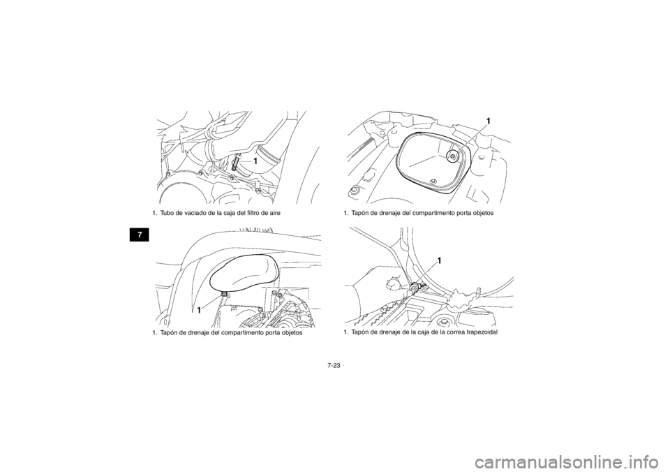 YAMAHA GRIZZLY 550 2013 Manuale de Empleo (in Spanish) 7-23
7
1. Tubo de vaciado de la caja del filtro de aire
1. Tapón de drenaje del compartimento porta objetos
1. Tapón de drenaje del compartimento porta objetos
1. Tapón de drenaje de la caja de la YAMAHA GRIZZLY 550 2013 Manuale de Empleo (in Spanish) 7-23
7
1. Tubo de vaciado de la caja del filtro de aire
1. Tapón de drenaje del compartimento porta objetos
1. Tapón de drenaje del compartimento porta objetos
1. Tapón de drenaje de la caja de la