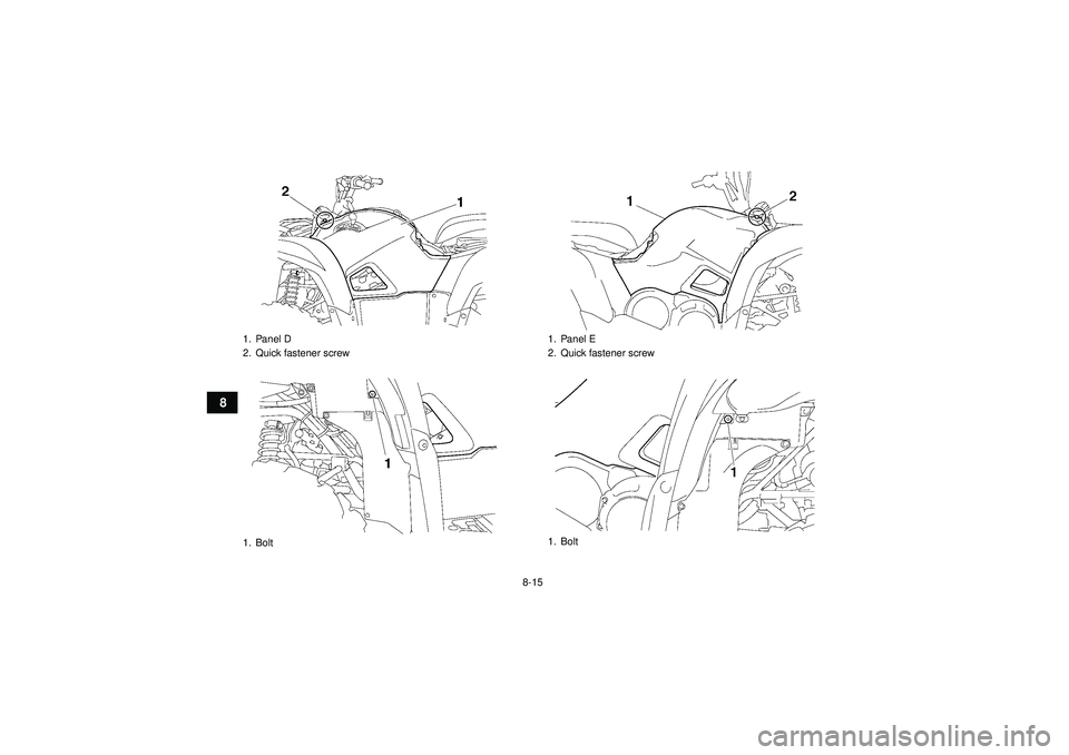 YAMAHA GRIZZLY 550 2012  Owners Manual 8-15
8
1. Panel D
2. Quick fastener screw
1. Bolt
1. Panel E
2. Quick fastener screw
1. Bolt
U1HS60E0.book  Page 15  Tuesday, April 26, 2011  7:53 PM 