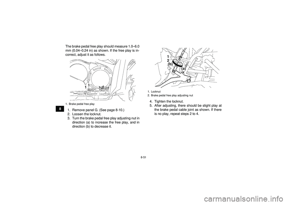 YAMAHA GRIZZLY 550 2012  Owners Manual 8-51
8The brake pedal free play should measure 1.0
–6.0
mm (0.04 –0.24 in) as shown. If the free play is in-
correct, adjust it as follows.
1. Remove panel G. (See page 8-10.)
2. Loosen the locknu