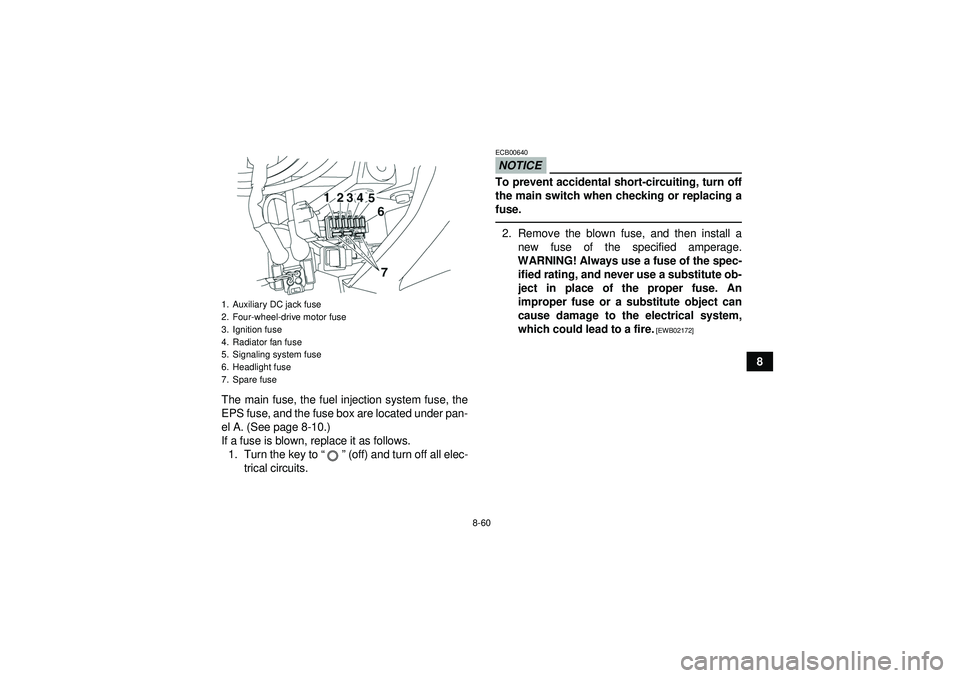 YAMAHA GRIZZLY 550 2012  Owners Manual 8-60
8
The main fuse, the fuel injection system fuse, the
EPS fuse, and the fuse box are located under pan-
el A. (See page 8-10.)
If a fuse is blown, replace it as follows. 1. Turn the key to “” 