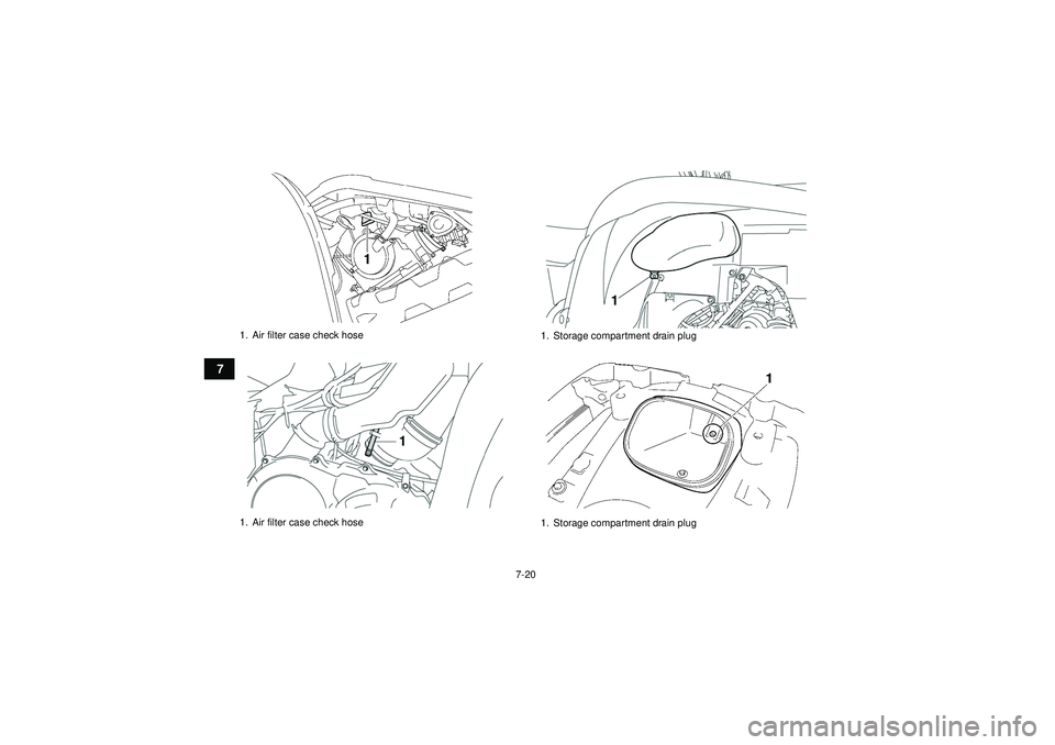 YAMAHA GRIZZLY 550 2012 Manual Online 7-20
7
1. Air filter case check hose
1. Air filter case check hose
1. Storage compartment drain plug
1. Storage compartment drain plug
U1HS60E0.book  Page 20  Tuesday, April 26, 2011  7:53 PM 