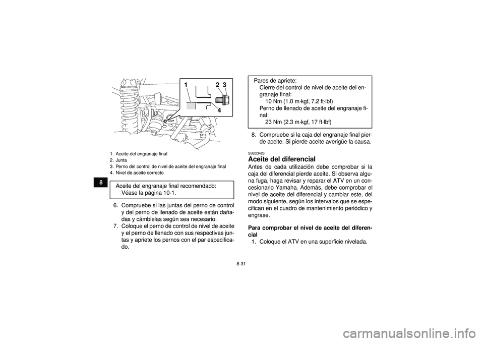 YAMAHA GRIZZLY 550 2012 Manuale de Empleo (in Spanish) 8-31
86. Compruebe si las juntas del perno de controly del perno de llenado de aceite est án dañ a-
das y c ámbielas seg ún sea necesario.
7. Coloque el perno de control de nivel de aceite y el pe YAMAHA GRIZZLY 550 2012 Manuale de Empleo (in Spanish) 8-31
86. Compruebe si las juntas del perno de controly del perno de llenado de aceite est án dañ a-
das y c ámbielas seg ún sea necesario.
7. Coloque el perno de control de nivel de aceite y el pe