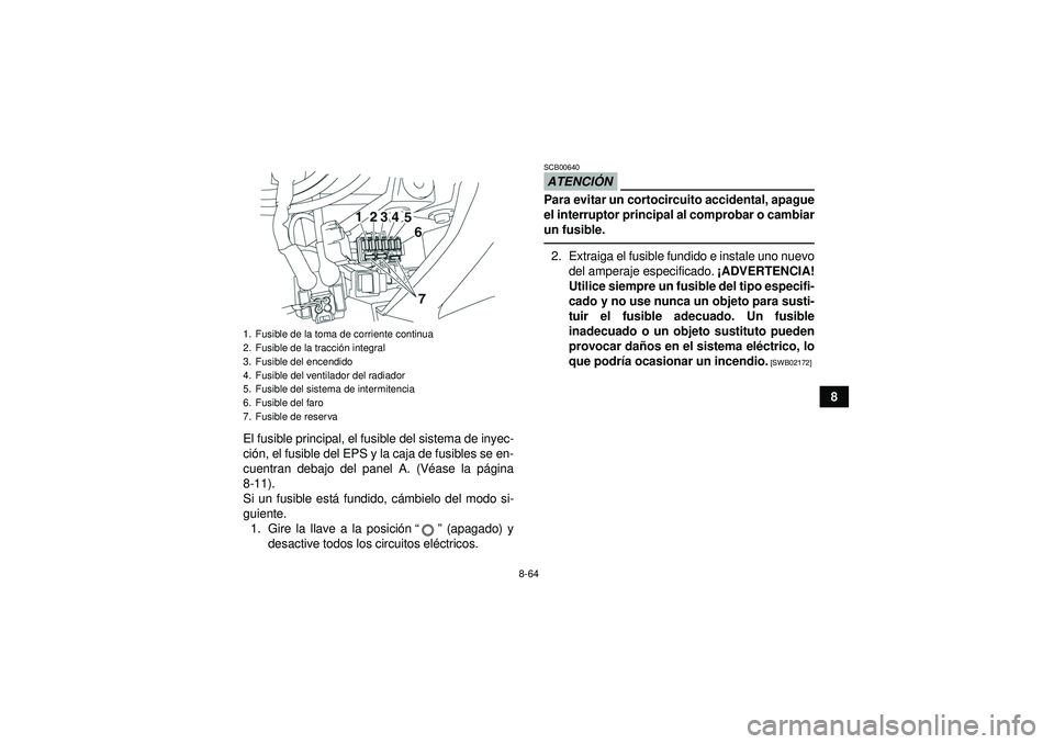YAMAHA GRIZZLY 550 2012 Manuale de Empleo (in Spanish) 8-64
8
El fusible principal, el fusible del sistema de inyec-
ci ón, el fusible del EPS y la caja de fusibles se en-
cuentran debajo del panel A. (V éase la p ágina
8-11).
Si un fusible est á fund YAMAHA GRIZZLY 550 2012 Manuale de Empleo (in Spanish) 8-64
8
El fusible principal, el fusible del sistema de inyec-
ci ón, el fusible del EPS y la caja de fusibles se en-
cuentran debajo del panel A. (V éase la p ágina
8-11).
Si un fusible est á fund