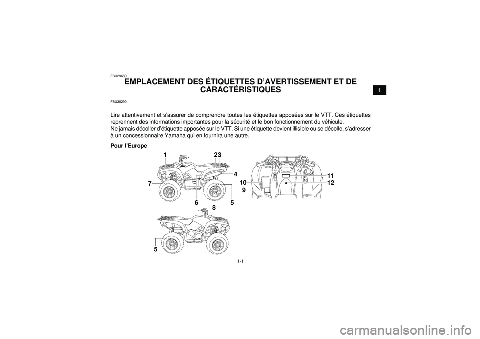 YAMAHA GRIZZLY 550 2012  Notices Demploi (in French) 1-1
1
FBU29680
EMPLACEMENT DES ÉTIQUETTES D ’AVERTISSEMENT ET DE 
CARACT ÉRISTIQUES 
FBU30290Lire attentivement et s ’assurer de comprendre toutes les  étiquettes appos ées sur le VTT. Ces  é