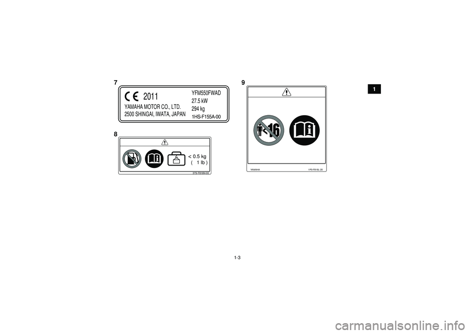 YAMAHA GRIZZLY 550 2012  Notices Demploi (in French) 1-3
1
37S-F816N-00< 0.5 kg
  (   1 lb )
YAMAHA MOTOR CO., LTD.
2500 SHINGAI, IWATA, JAPAN YFM550FWAD
27.5 kW
294 kg
2011
1HS-F155A-00
1P0-F816L-20
YAMAHA
7
8 9
U1HS60F0.book  Page 3  Wednesday, April 