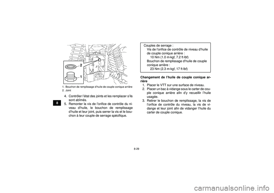 YAMAHA GRIZZLY 550 2012 Notices Demploi (in French) 8-29
84. Contr
ôler l ’état des joints et les remplacer s ’ils
sont ab îm és.
5. Remonter la vis de l ’orifice de contr ôle du ni-
veau d ’huile, le bouchon de remplissage
d ’huile et l YAMAHA GRIZZLY 550 2012 Notices Demploi (in French) 8-29
84. Contr
ôler l ’état des joints et les remplacer s ’ils
sont ab îm és.
5. Remonter la vis de l ’orifice de contr ôle du ni-
veau d ’huile, le bouchon de remplissage
d ’huile et l
