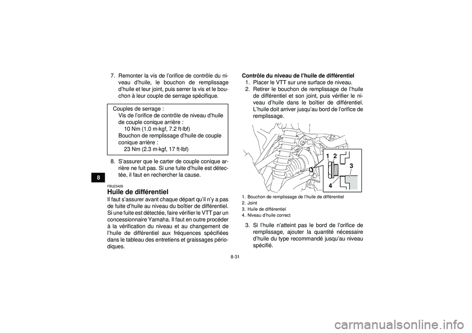 YAMAHA GRIZZLY 550 2012 Notices Demploi (in French) 8-31
87. Remonter la vis de l
’orifice de contr ôle du ni-
veau d ’huile, le bouchon de remplissage
d ’huile et leur joint, puis serrer la vis et le bou-
chon à leur couple de serrage sp éci YAMAHA GRIZZLY 550 2012 Notices Demploi (in French) 8-31
87. Remonter la vis de l
’orifice de contr ôle du ni-
veau d ’huile, le bouchon de remplissage
d ’huile et leur joint, puis serrer la vis et le bou-
chon à leur couple de serrage sp éci