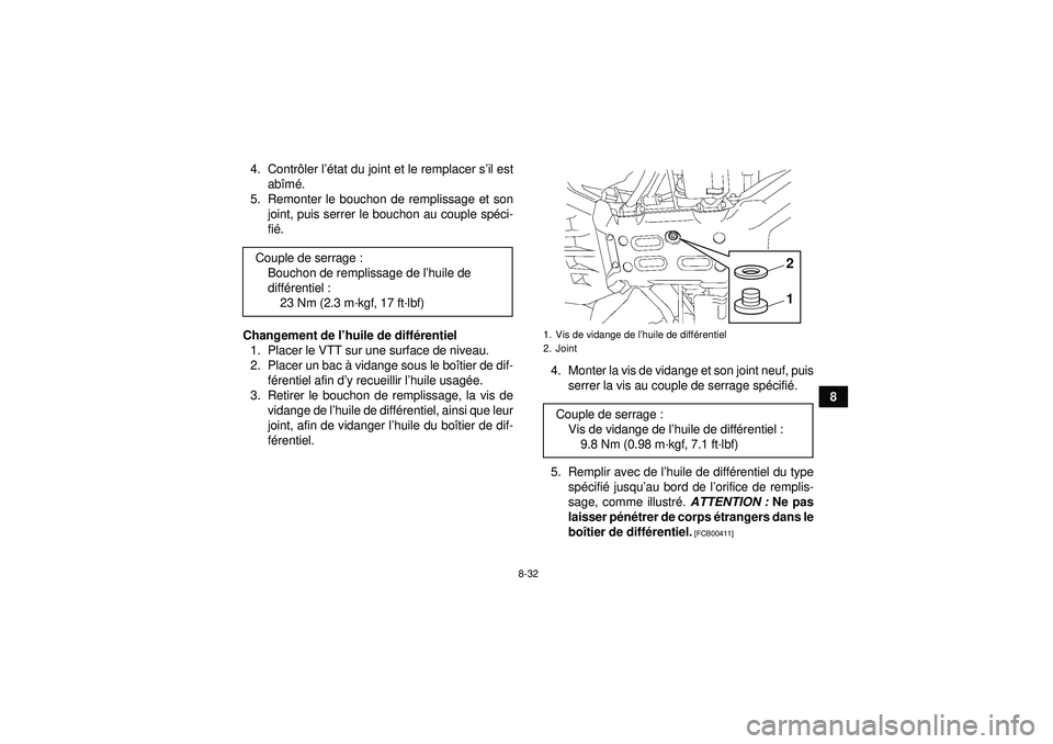 YAMAHA GRIZZLY 550 2012  Notices Demploi (in French) 8-32
8
4. Contr
ôler l ’état du joint et le remplacer s ’il est
ab îm é.
5. Remonter le bouchon de remplissage et son joint, puis serrer le bouchon au couple sp éci-
fi é .
Changement de l 
