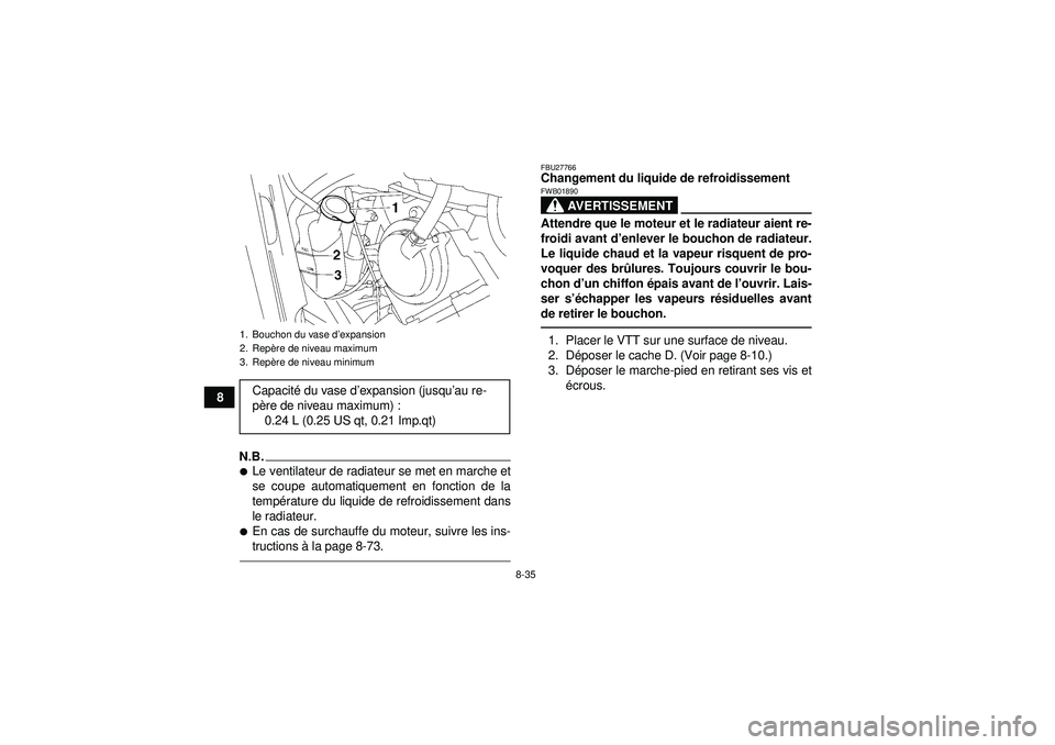 YAMAHA GRIZZLY 550 2012  Notices Demploi (in French) 8-35
8
N.B.Le ventilateur de radiateur se met en marche et
se coupe automatiquement en fonction de la
température du liquide de refroidissement dans
le radiateur.En cas de surchauffe du moteur, sui