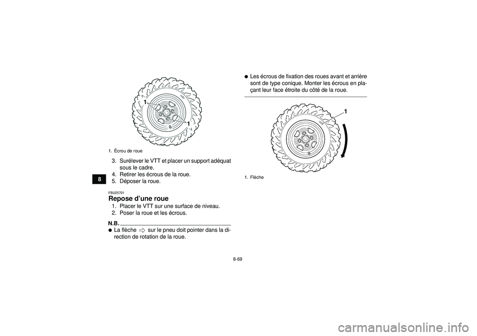 YAMAHA GRIZZLY 550 2012 Notices Demploi (in French) 8-69
83. Sur
élever le VTT et placer un support ad équat
sous le cadre.
4. Retirer les écrous de la roue.
5. D époser la roue.
FBU25701Repose d ’une roue 1. Placer le VTT sur une surface de niv YAMAHA GRIZZLY 550 2012 Notices Demploi (in French) 8-69
83. Sur
élever le VTT et placer un support ad équat
sous le cadre.
4. Retirer les écrous de la roue.
5. D époser la roue.
FBU25701Repose d ’une roue 1. Placer le VTT sur une surface de niv