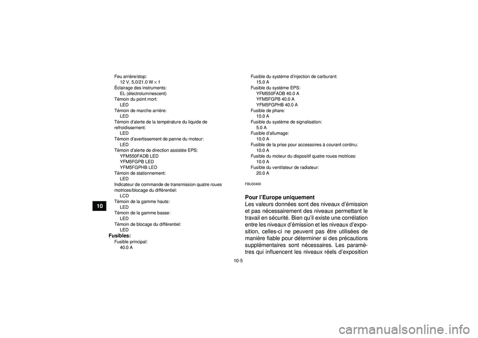 YAMAHA GRIZZLY 550 2012 Notices Demploi (in French) 10-5
10
Feu arrière/stop:
12 V, 5.0/21.0 W × 1
É clairage des instruments:
EL ( électroluminescent)
T émoin du point mort:
LED
T émoin de marche arri ère:
LED
T émoin d ’alerte de la tempé YAMAHA GRIZZLY 550 2012 Notices Demploi (in French) 10-5
10
Feu arrière/stop:
12 V, 5.0/21.0 W × 1
É clairage des instruments:
EL ( électroluminescent)
T émoin du point mort:
LED
T émoin de marche arri ère:
LED
T émoin d ’alerte de la tempé