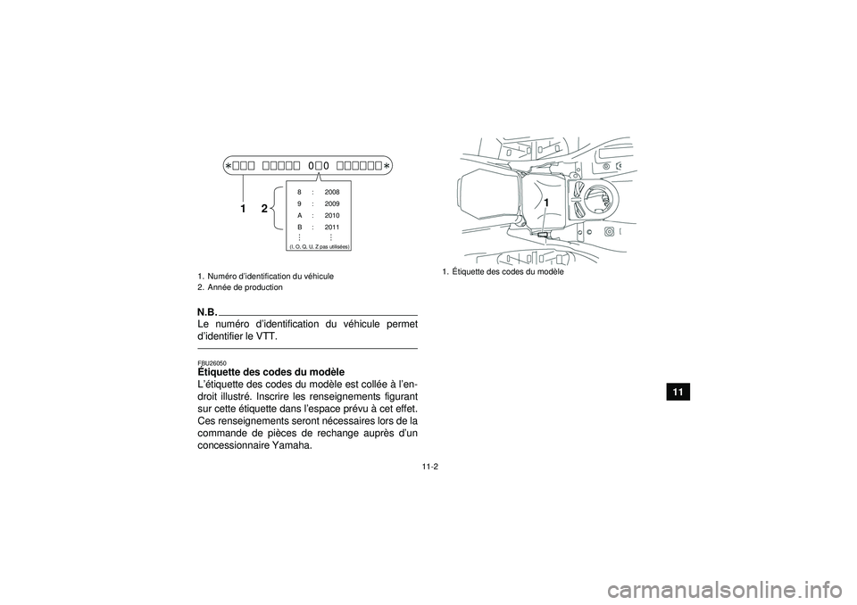 YAMAHA GRIZZLY 550 2012 Notices Demploi (in French) 11-2
11
N.B.Le numéro d ’identification du v éhicule permet
d ’identifier le VTT.FBU26050É tiquette des codes du mod èle
L ’é tiquette des codes du mod èle est coll ée à l’en-
droit YAMAHA GRIZZLY 550 2012 Notices Demploi (in French) 11-2
11
N.B.Le numéro d ’identification du v éhicule permet
d ’identifier le VTT.FBU26050É tiquette des codes du mod èle
L ’é tiquette des codes du mod èle est coll ée à l’en-
droit
