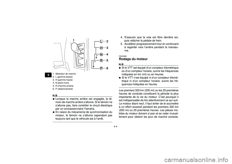 YAMAHA GRIZZLY 550 2012  Notices Demploi (in French) 6-4
6
N.B.Lorsque la marche arrière est engag ée, le t é-
moin de marche arri ère s ’allume. Si le t émoin ne
s ’allume pas, faire contr ôler le circuit é lectrique
par un concessionnaire 
