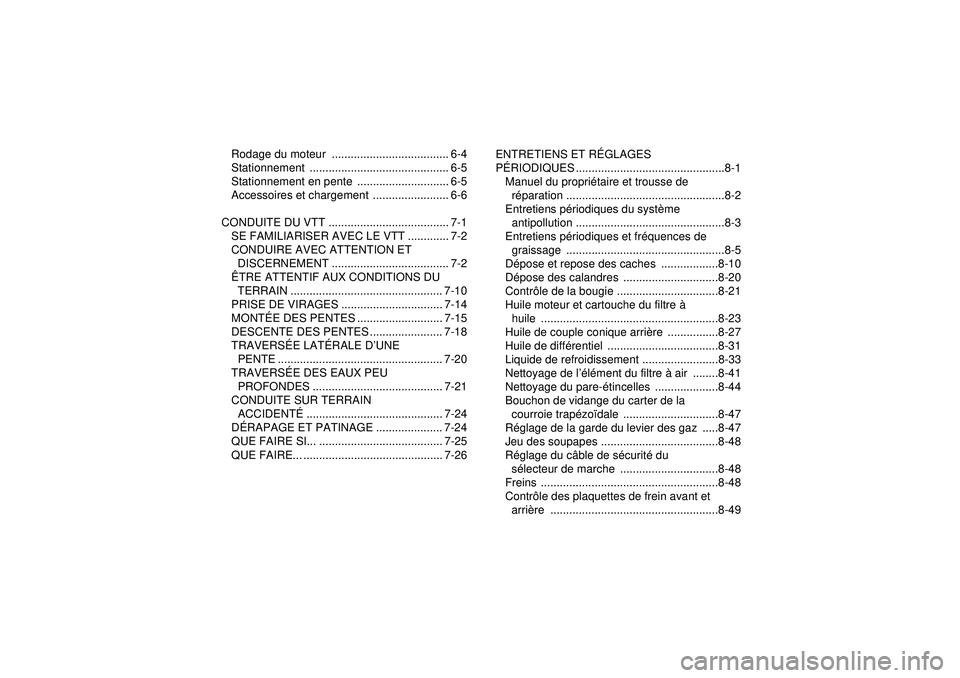 YAMAHA GRIZZLY 550 2012  Notices Demploi (in French) Rodage du moteur  ..................................... 6-4
Stationnement ............................................ 6-5
Stationnement en pente  ............................. 6-5
Accessoires et char