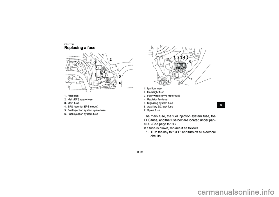 YAMAHA GRIZZLY 550 2011  Owners Manual 8-59
8
EBU27751Replacing a fuse 
The main fuse, the fuel injection system fuse, the
EPS fuse, and the fuse box are located under pan-
el A. (See page 8-10.)
If a fuse is blown, replace it as follows.
