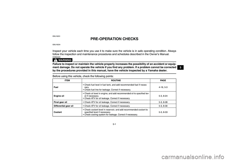 YAMAHA GRIZZLY 550 2011 Workshop Manual 5-1
5
EBU19201
PRE-OPERATION CHECKS
EBU19224Inspect your vehicle each time you use it to make sure the vehicle is in safe operating condition. Always
follow the inspection and maintenance procedures a