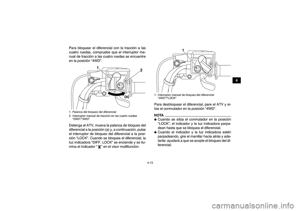 YAMAHA GRIZZLY 550 2011  Manuale de Empleo (in Spanish) 4-13
4 Para bloquear el diferencial con la tracción a las
cuatro ruedas, compruebe que el interruptor ma-
nual de tracción a las cuatro ruedas se encuentre
en la posición “4WD”.
Detenga el ATV,