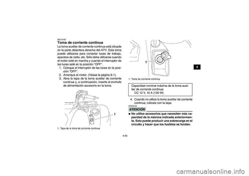 YAMAHA GRIZZLY 550 2011  Manuale de Empleo (in Spanish) 4-25
4
SBU19182Toma de corriente continua La toma auxiliar de corriente continua está situada
en la parte delantera derecha del ATV. Esta toma
puede utilizarse para conectar luces de trabajo,
aparato