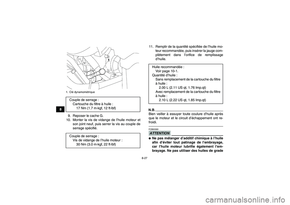 YAMAHA GRIZZLY 550 2011 Notices Demploi (in French) 8-27
8
9. Reposer le cache G.
10. Monter la vis de vidange de l’huile moteur et
son joint neuf, puis serrer la vis au couple de
serrage spécifié.11. Remplir de la quantité spécifiée de l’huil YAMAHA GRIZZLY 550 2011 Notices Demploi (in French) 8-27
8
9. Reposer le cache G.
10. Monter la vis de vidange de l’huile moteur et
son joint neuf, puis serrer la vis au couple de
serrage spécifié.11. Remplir de la quantité spécifiée de l’huil