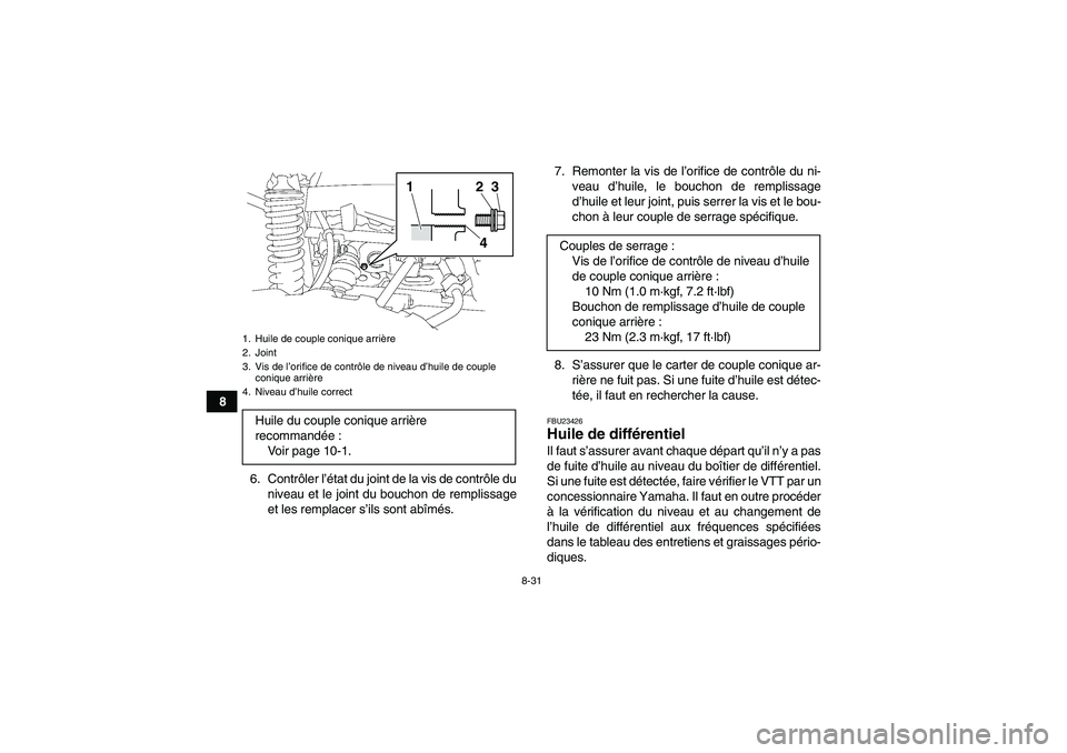 YAMAHA GRIZZLY 550 2011 Notices Demploi (in French) 8-31
8
6. Contrôler l’état du joint de la vis de contrôle du
niveau et le joint du bouchon de remplissage
et les remplacer s’ils sont abîmés.7. Remonter la vis de l’orifice de contrôle du YAMAHA GRIZZLY 550 2011 Notices Demploi (in French) 8-31
8
6. Contrôler l’état du joint de la vis de contrôle du
niveau et le joint du bouchon de remplissage
et les remplacer s’ils sont abîmés.7. Remonter la vis de l’orifice de contrôle du