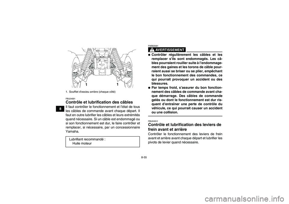 YAMAHA GRIZZLY 550 2011  Notices Demploi (in French) 8-55
8
FBU24901Contrôle et lubrification des câbles Il faut contrôler le fonctionnement et l’état de tous
les câbles de commande avant chaque départ. Il
faut en outre lubrifier les câbles et 