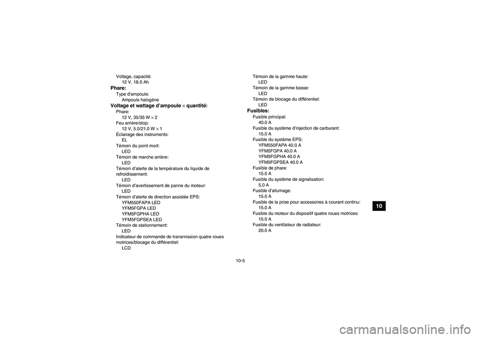 YAMAHA GRIZZLY 550 2011 Notices Demploi (in French) 10-5
10
Voltage, capacité:
12 V, 18.0 AhPhare:Type d’ampoule:
Ampoule halogèneVoltage et wattage d’ampoule × quantité:Phare:
12 V, 35/35 W × 2
Feu arrière/stop:
12 V, 5.0/21.0 W × 1
Éclair YAMAHA GRIZZLY 550 2011 Notices Demploi (in French) 10-5
10
Voltage, capacité:
12 V, 18.0 AhPhare:Type d’ampoule:
Ampoule halogèneVoltage et wattage d’ampoule × quantité:Phare:
12 V, 35/35 W × 2
Feu arrière/stop:
12 V, 5.0/21.0 W × 1
Éclair